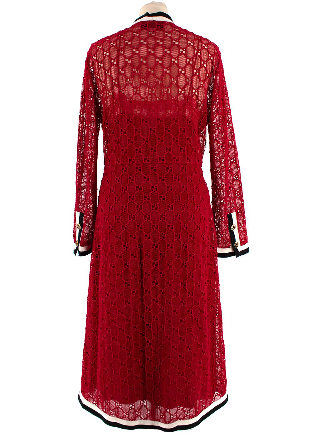 Preowned Gucci Red GG Macrame Long Sleeve Dress with Slip Size XS red white black acetate/silk/polamide