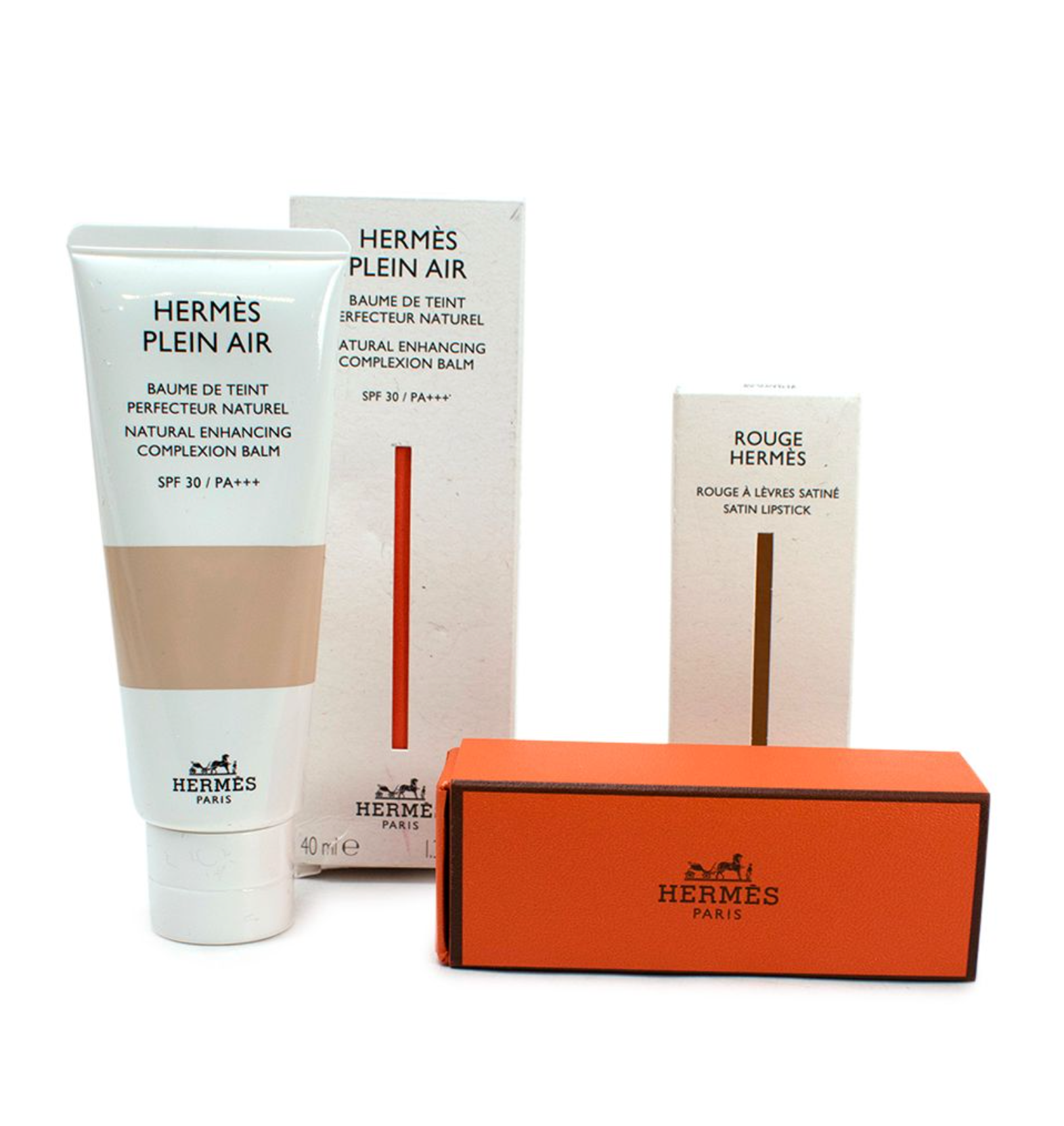 Hermes Natural Enhancing Complexion Balm and Rouge Satin Lipstick Duo Nude plastic tube