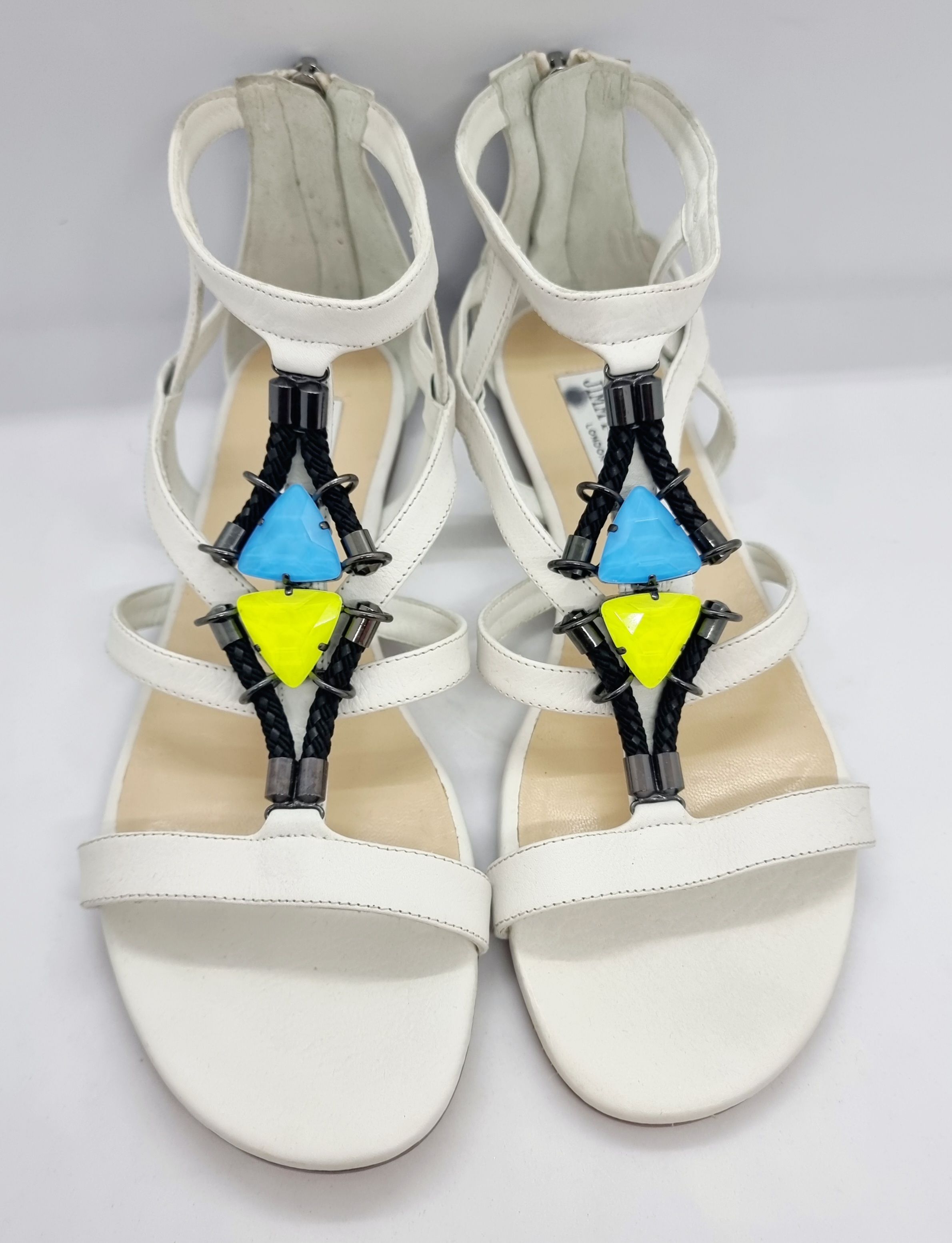 Jimmy Choo Crystal Embellished White Sandals Size 38 leather