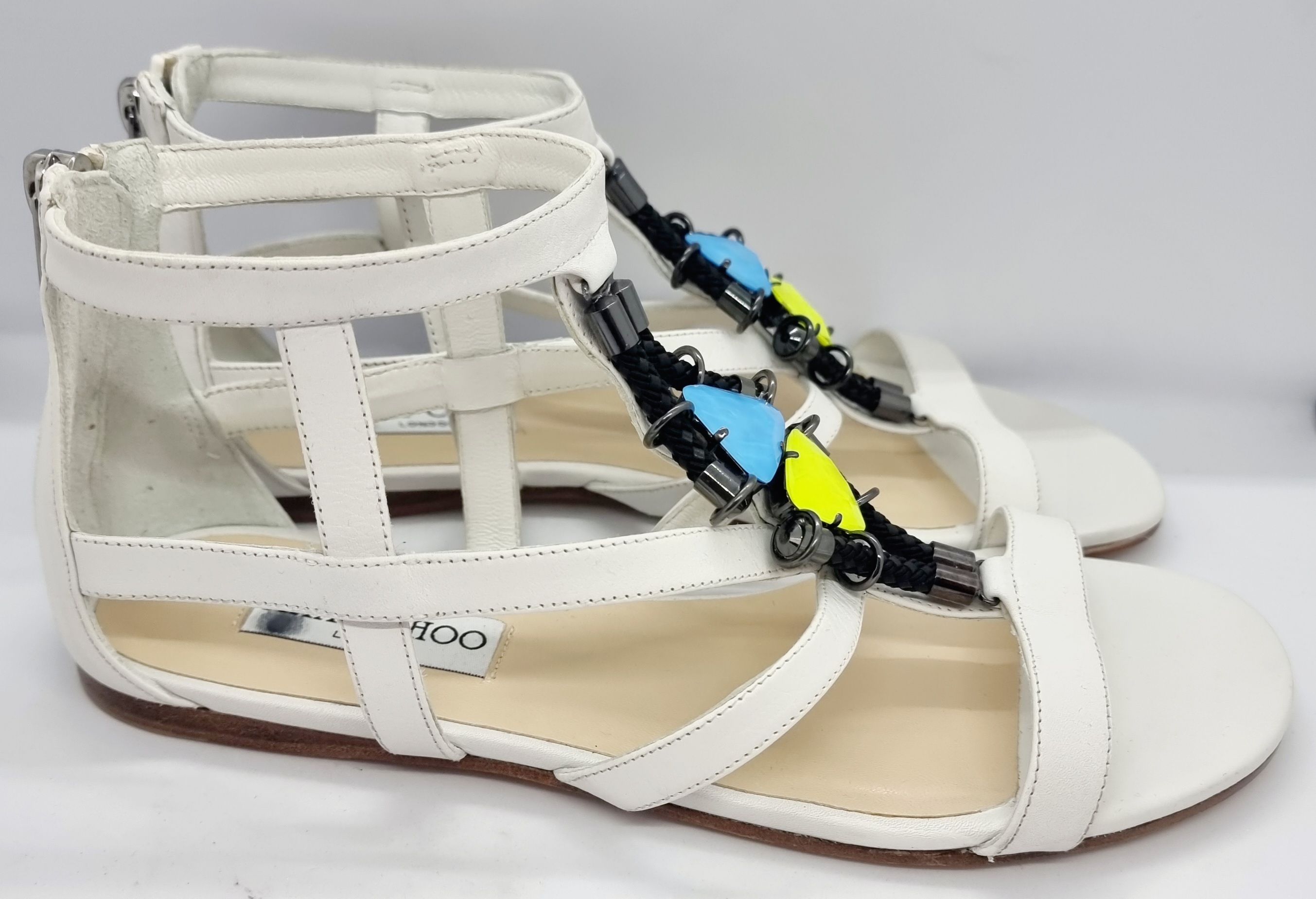 Jimmy Choo Crystal Embellished White Sandals Size 38 leather