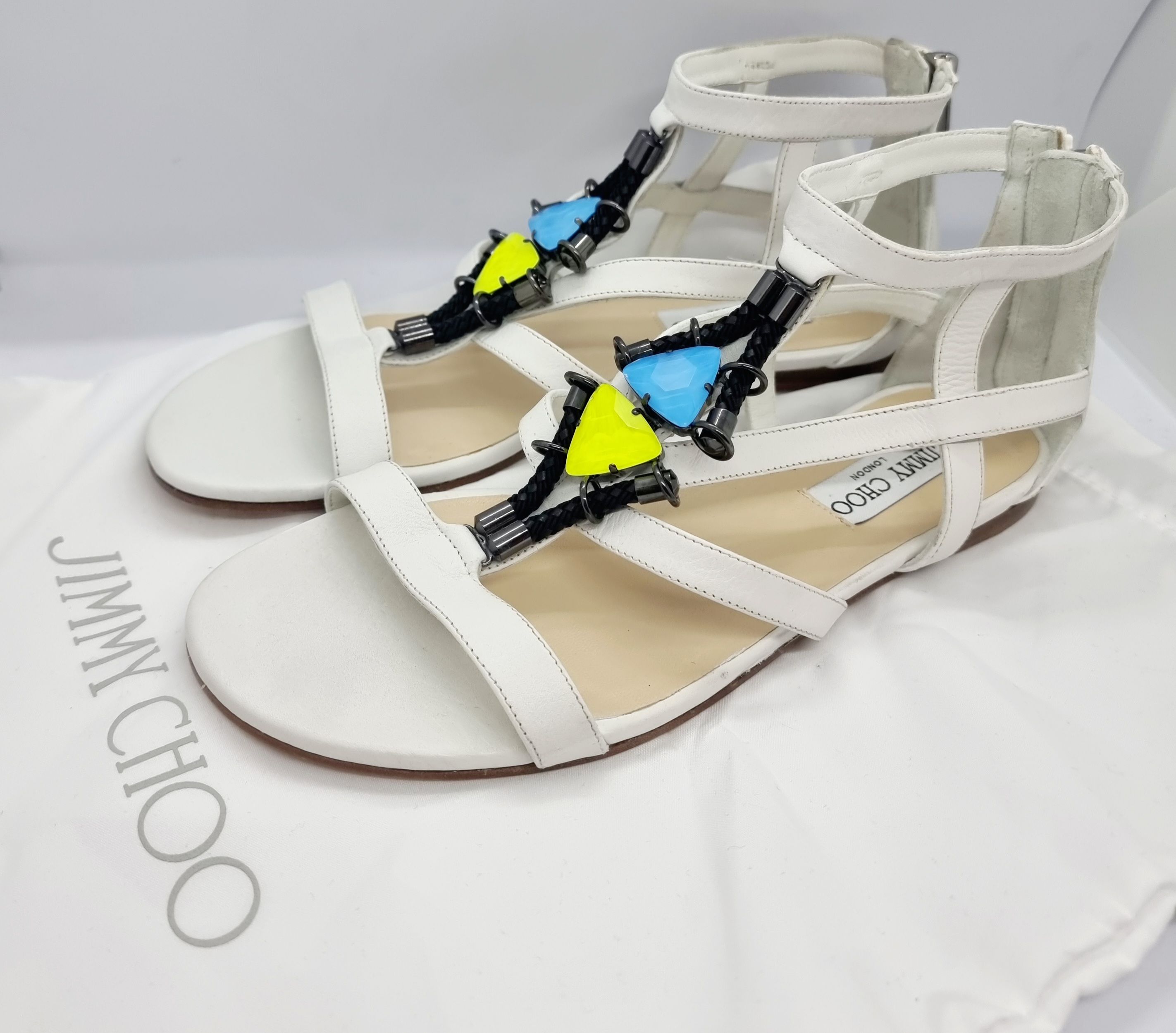 Jimmy Choo Crystal Embellished White Sandals Size 38 leather