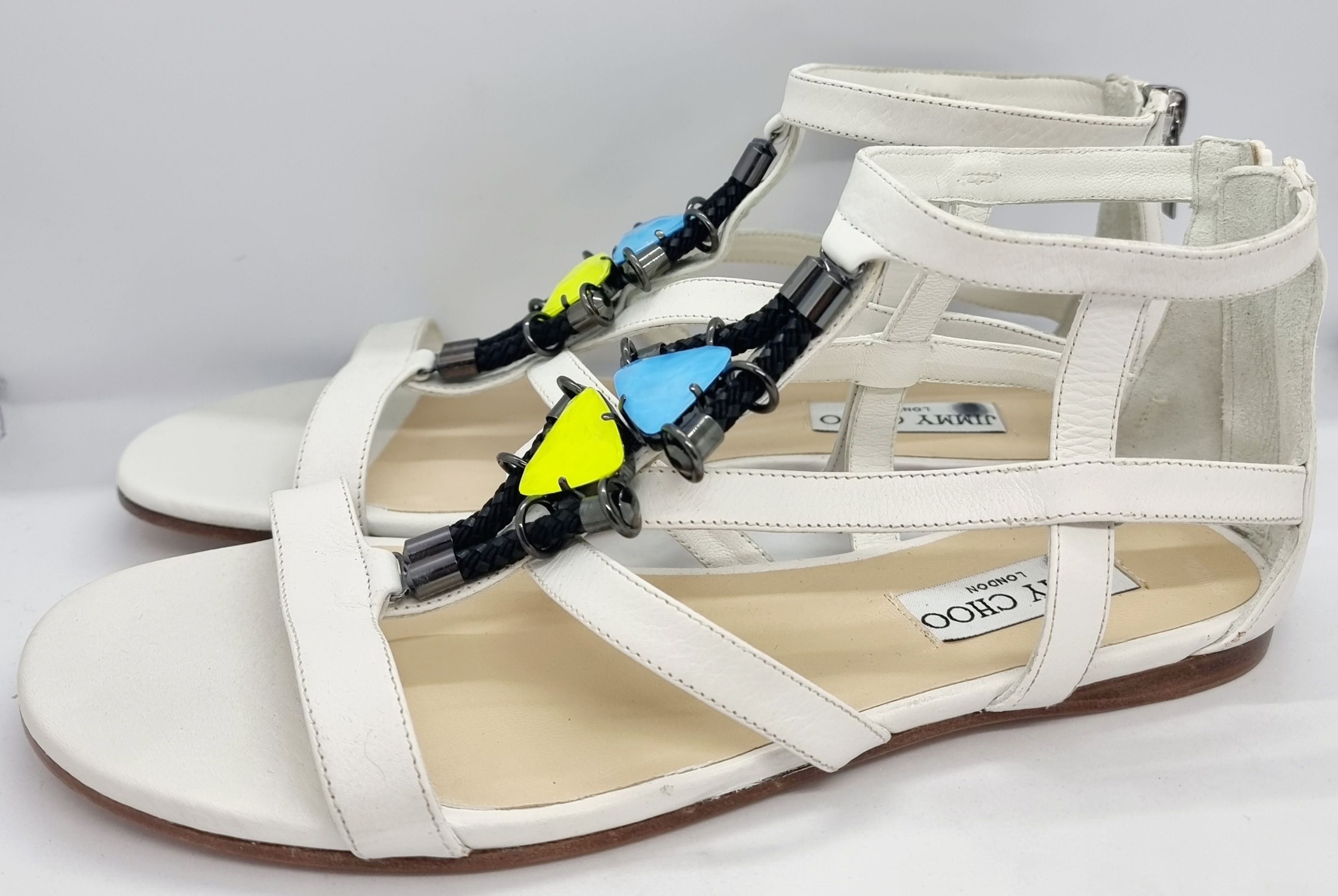 Jimmy Choo Crystal Embellished White Sandals Size 38 leather