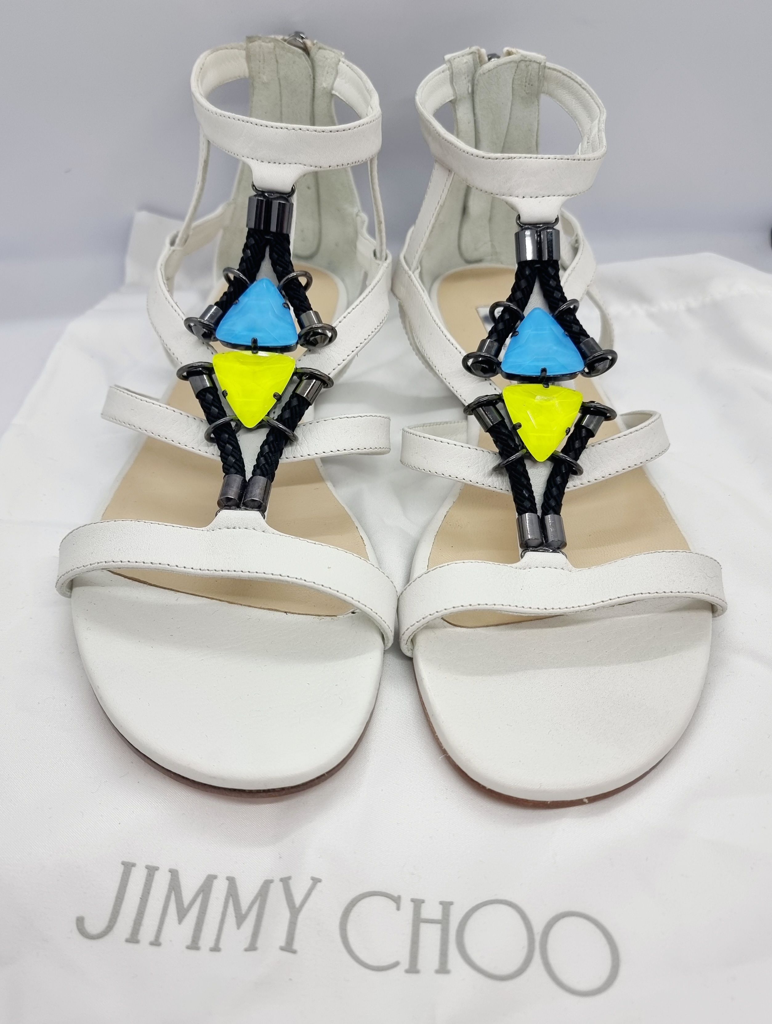 Jimmy Choo Crystal Embellished White Sandals Size 38 leather