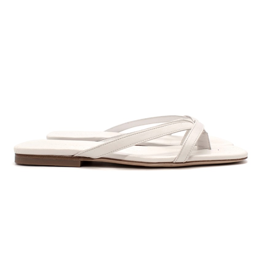 Preowned By Far Deni White Leather Flat Sandals Size 36