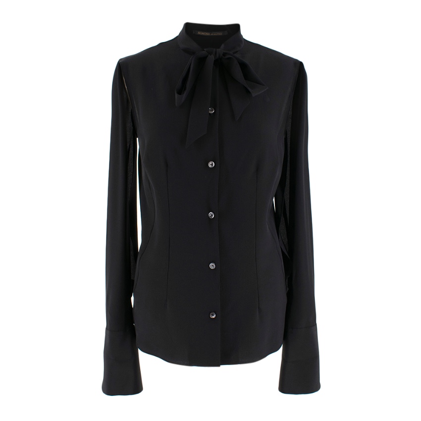 Preowned Agnona Black Pussy-Bow Crepe Blouse Size XS silk