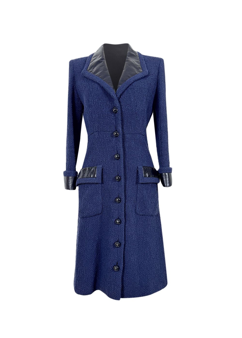 Preowned Chanel Navy Longline Leather and Tweed Coat Size M