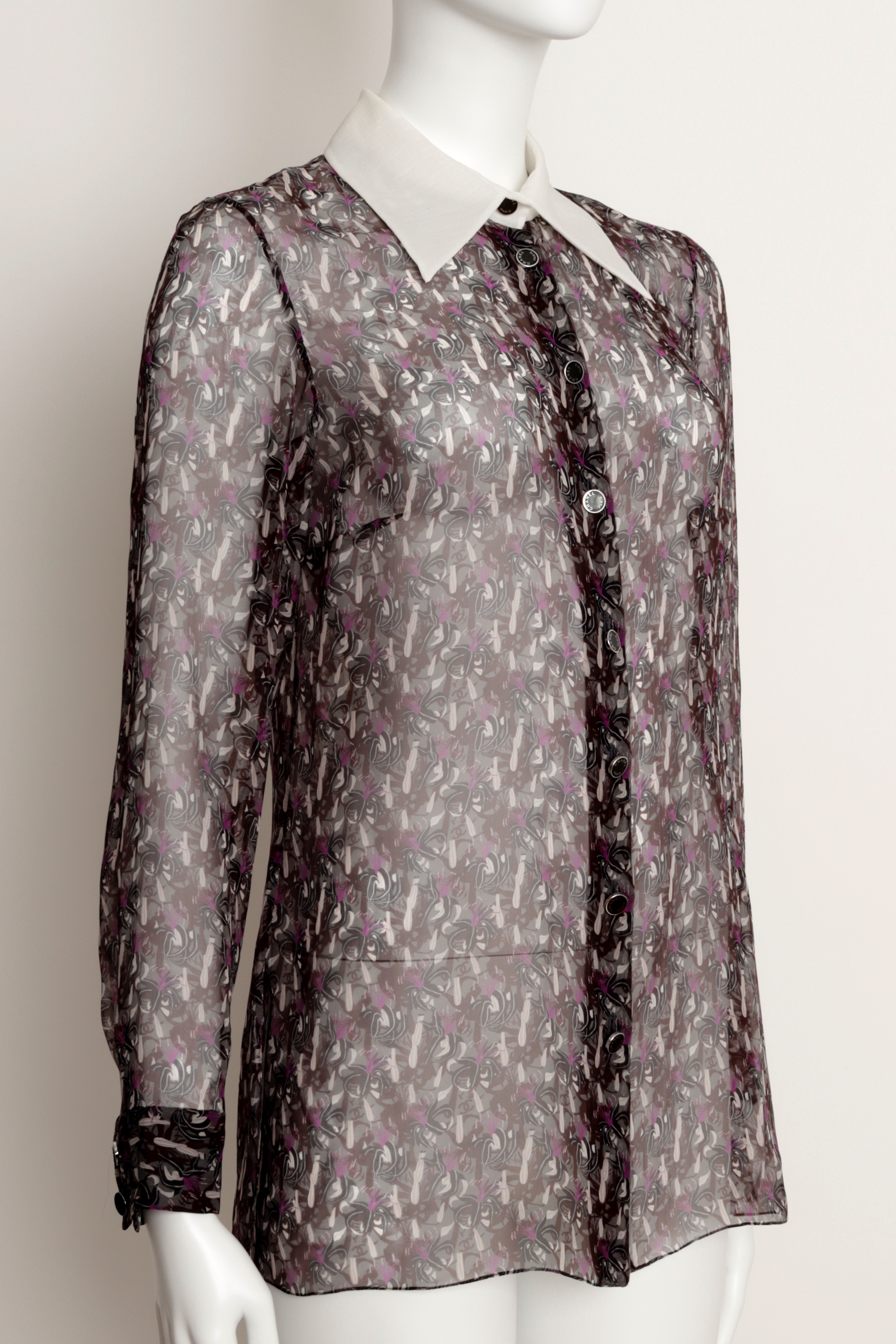 Chanel Printed Silk Shirt Size XS Black