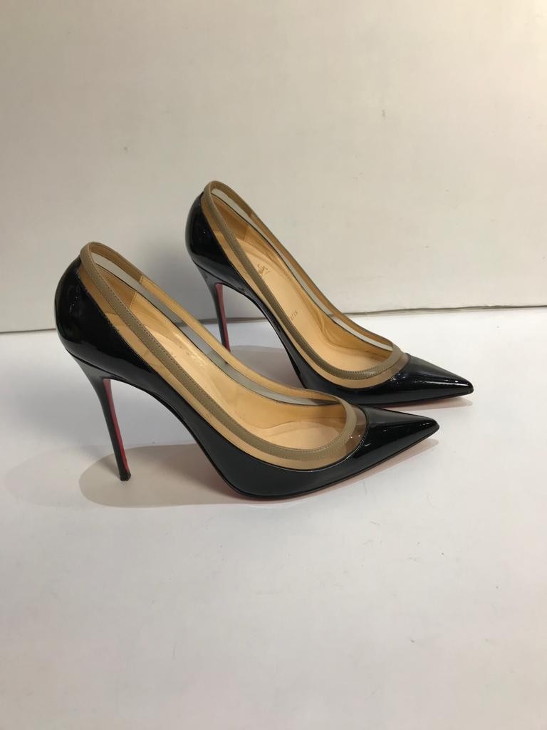 Preowned Christian Louboutin Black Patent Leather and PVC Paulina Pumps Size 395