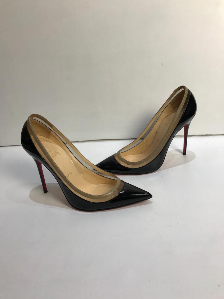 Preowned Christian Louboutin Black Patent Leather and PVC Paulina Pumps Size 395