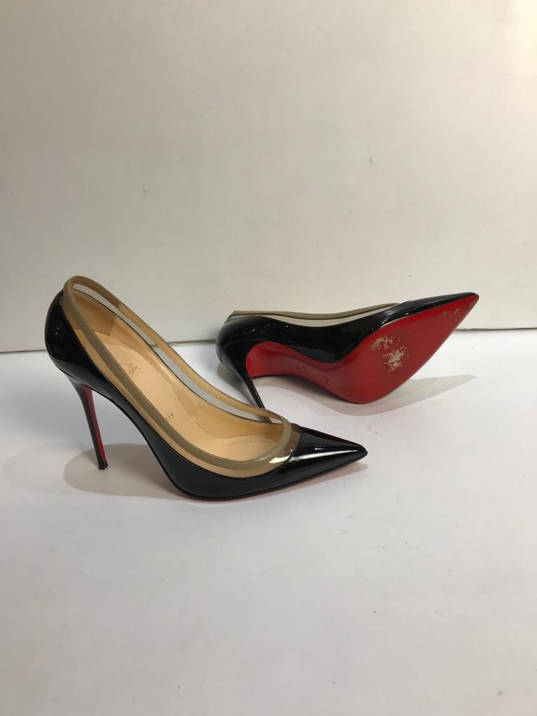 Preowned Christian Louboutin Black Patent Leather and PVC Paulina Pumps Size 395