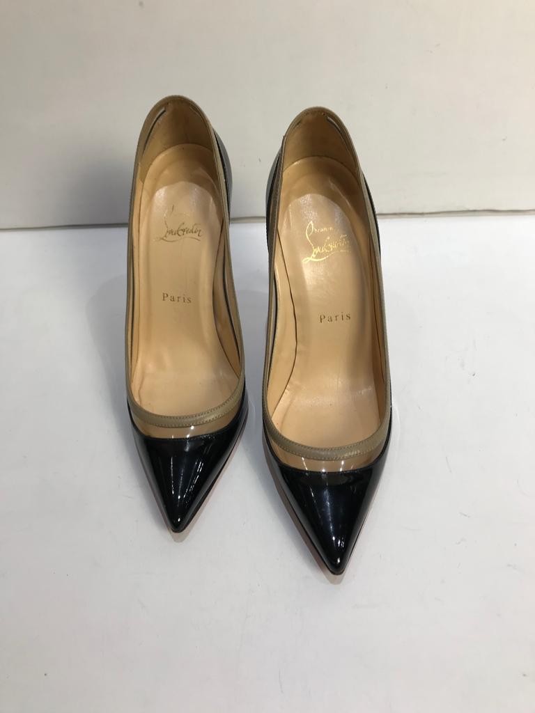 Preowned Christian Louboutin Black Patent Leather and PVC Paulina Pumps Size 395