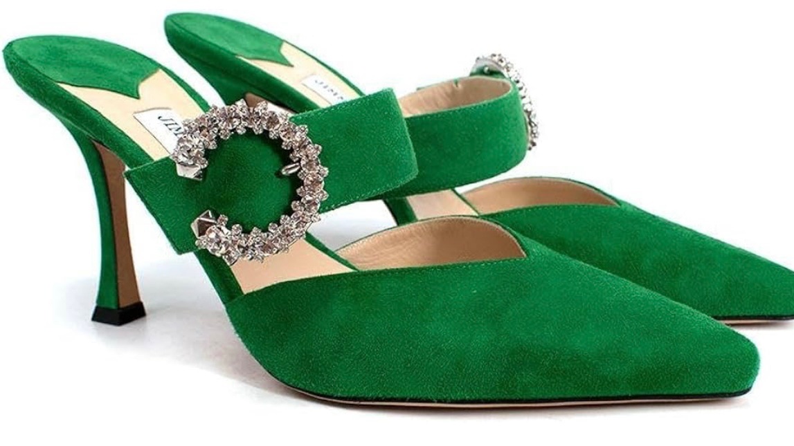 Preowned Jimmy Choo Green Suede Marta 90mm Crystal Buckle Mules Size 37