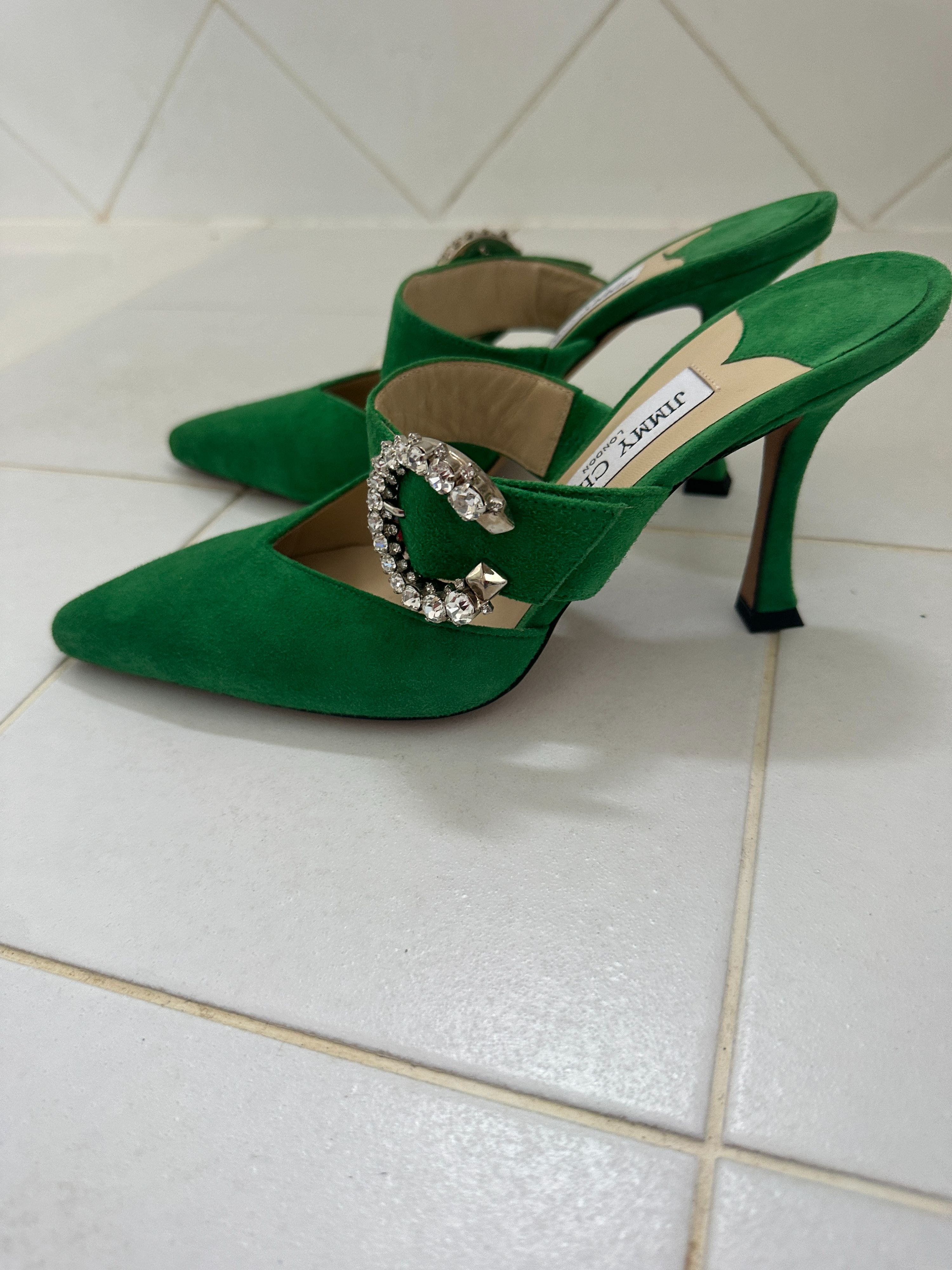 Preowned Jimmy Choo Green Suede Marta 90mm Crystal Buckle Mules Size 37