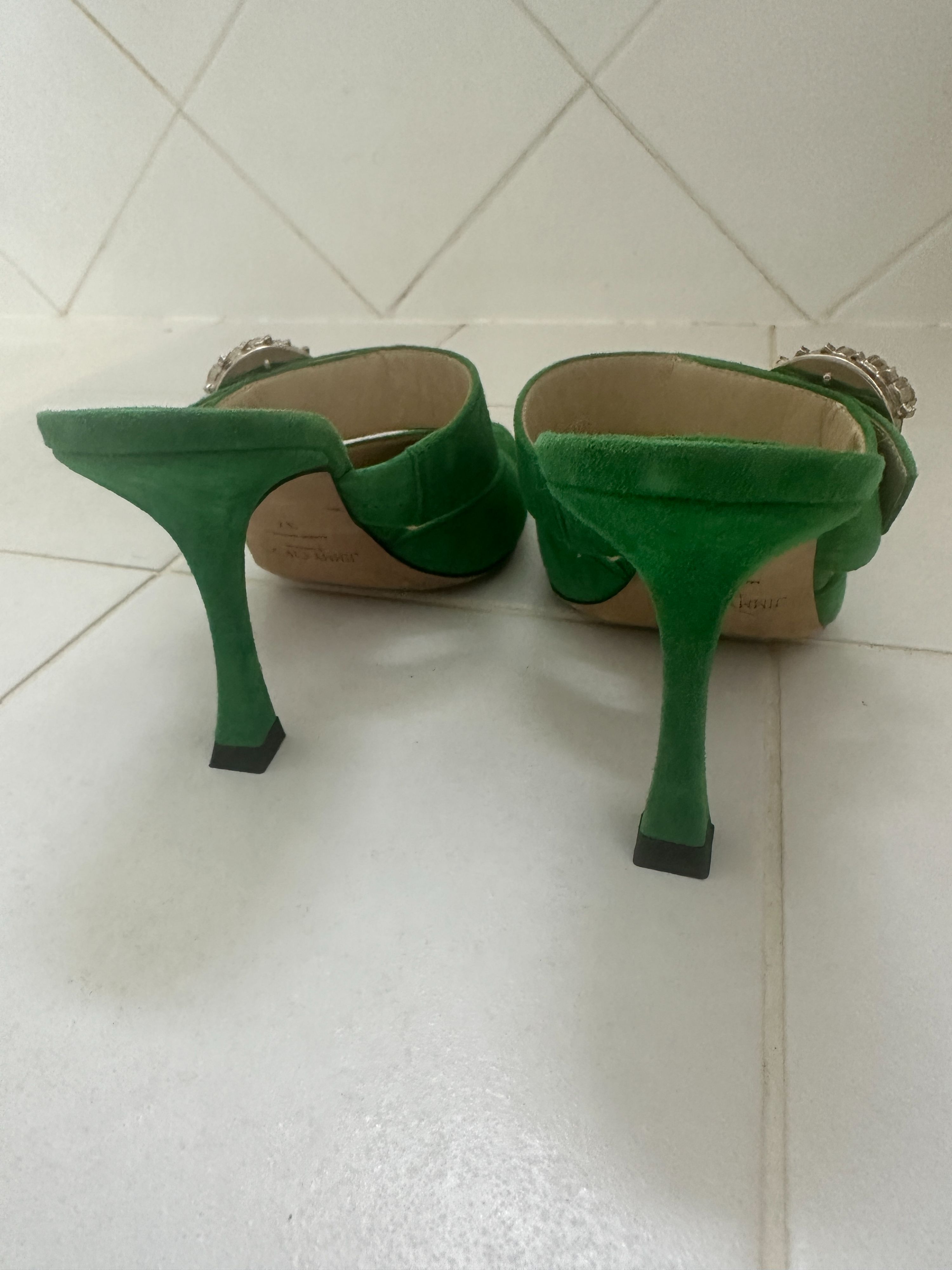 Preowned Jimmy Choo Green Suede Marta 90mm Crystal Buckle Mules Size 37