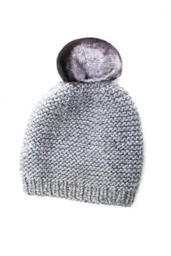 FurbySD Merino Wool Beanie with Chinchilla Pom Pom Grey fur