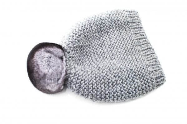 FurbySD Merino Wool Beanie with Chinchilla Pom Pom Grey fur