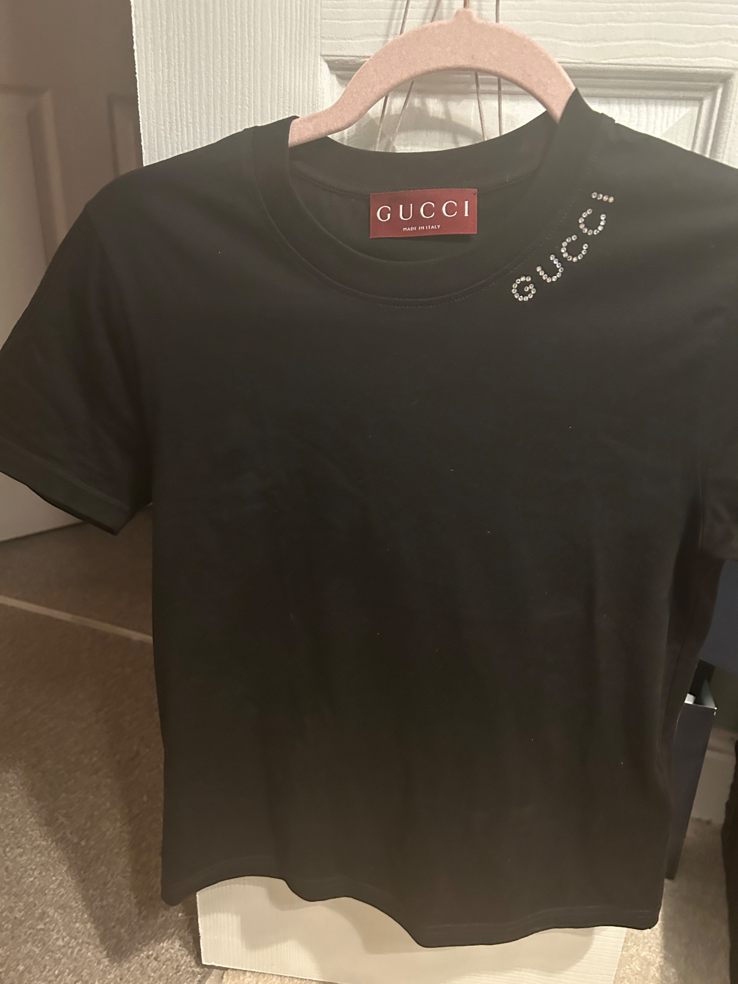 Preowned Gucci Black Crystal Logo T-Shirt Size XS cotton