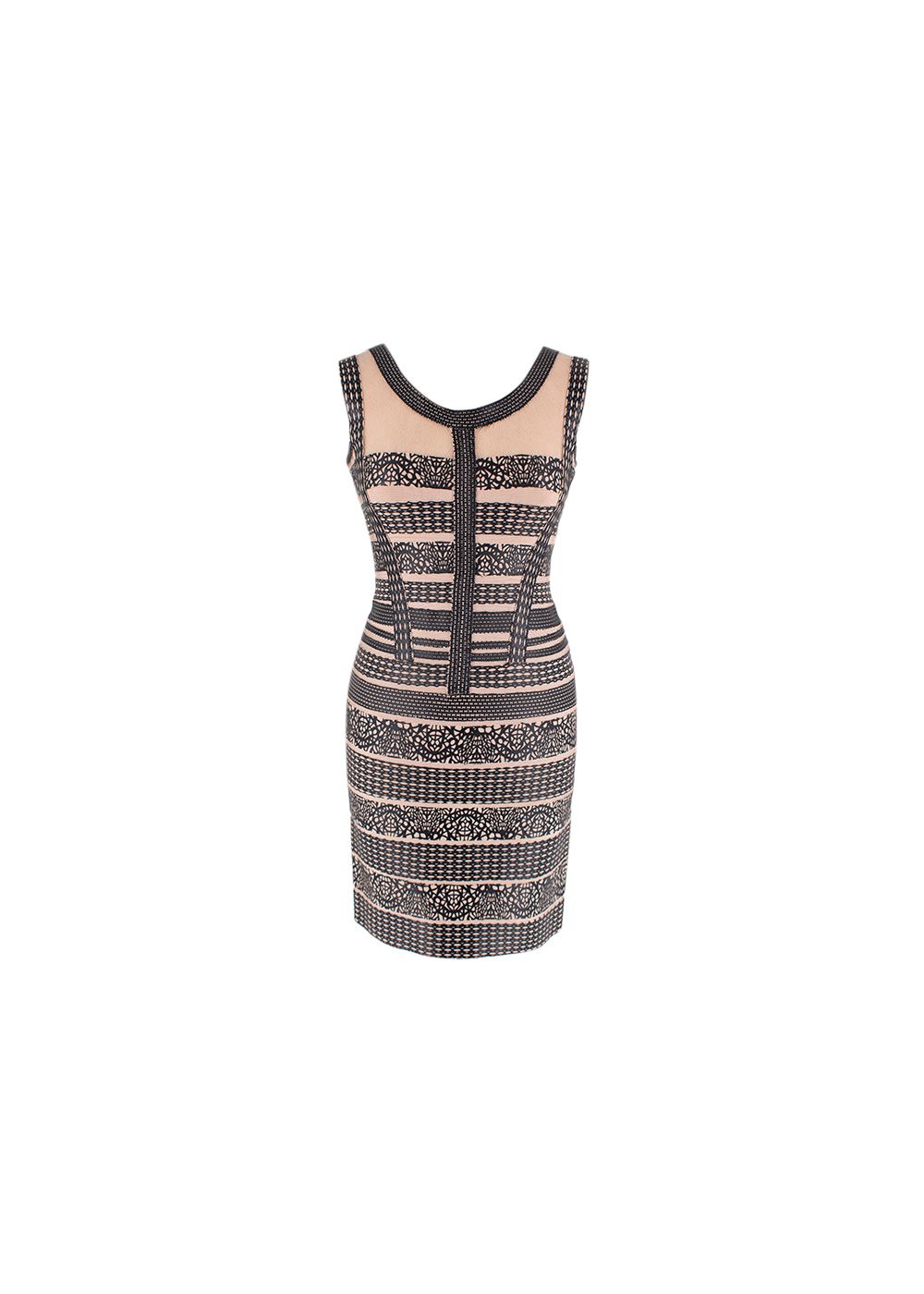 Preowned Herve Leger nude and black leather embellished dress Size S