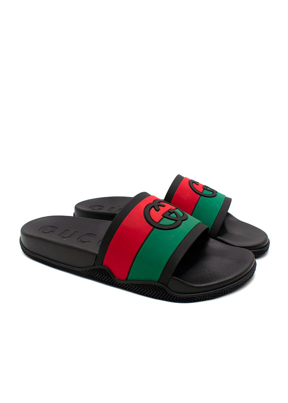 Men's Gucci Black Adrado Web Stripe Rubber Sliders Size 41 Red/Green/Black upper/rubber lining/rubber sole