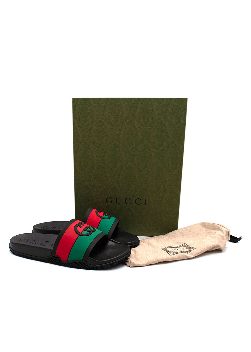 Men's Gucci Black Adrado Web Stripe Rubber Sliders Size 41 Red/Green/Black upper/rubber lining/rubber sole