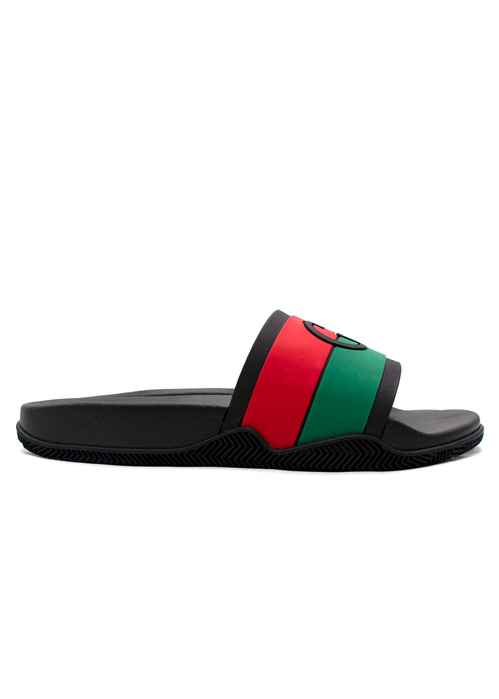 Men's Gucci Black Adrado Web Stripe Rubber Sliders Size 41 Red/Green/Black upper/rubber lining/rubber sole