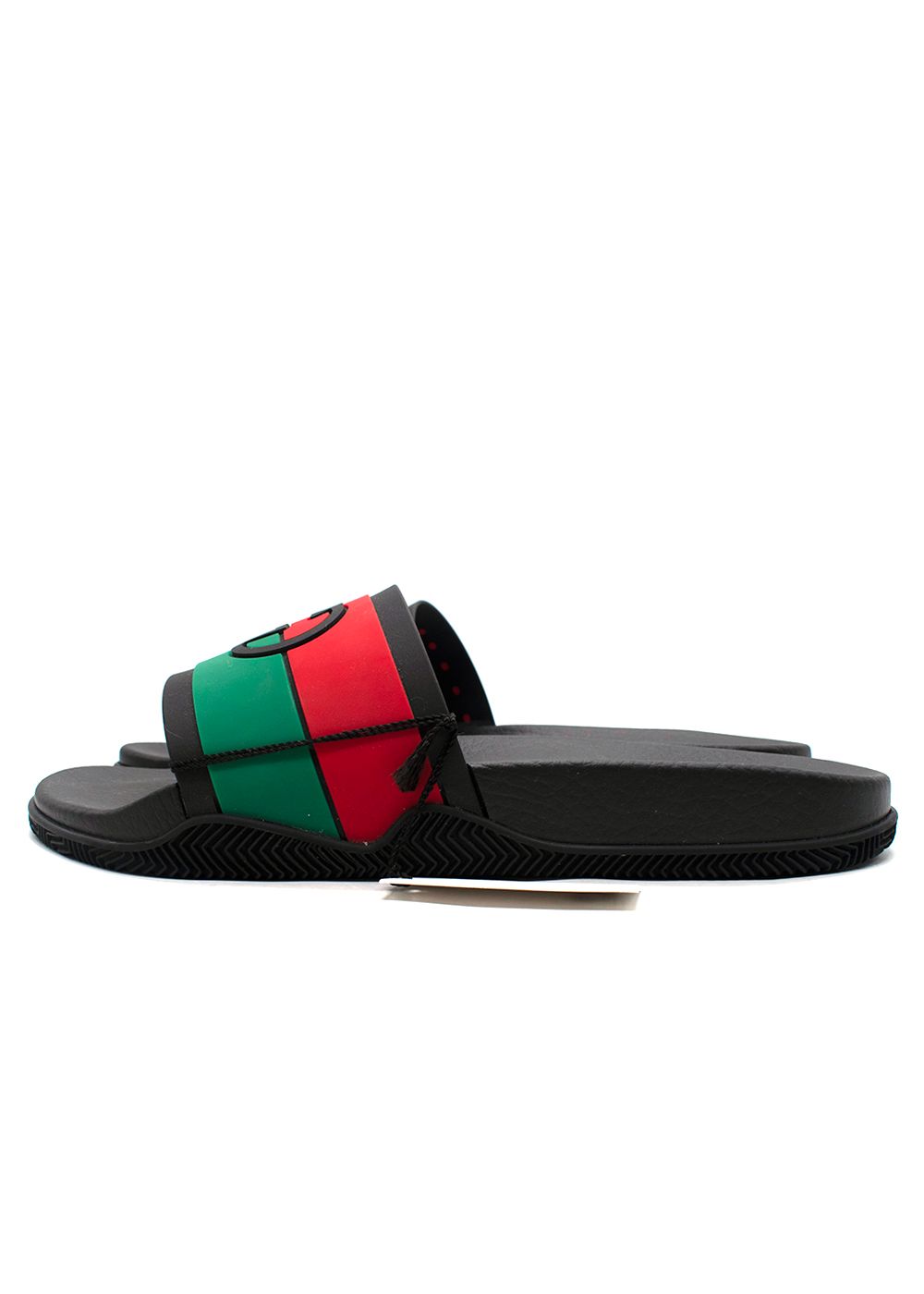 Men's Gucci Black Adrado Web Stripe Rubber Sliders Size 41 Red/Green/Black upper/rubber lining/rubber sole