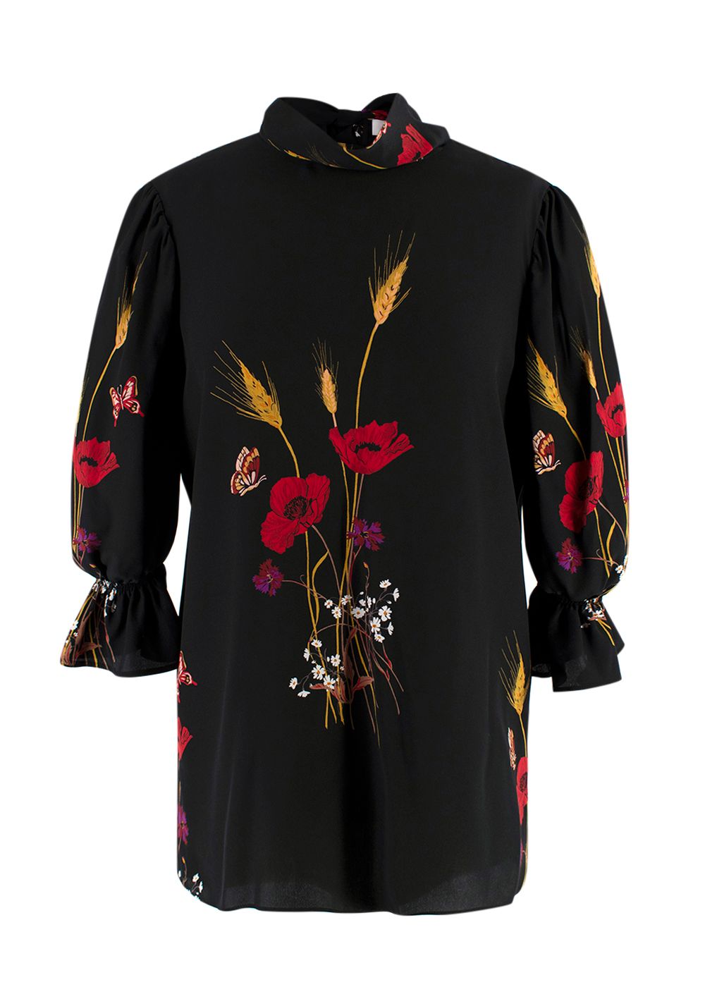 Preowned Valentino black silk floral blouse Size XS red floral