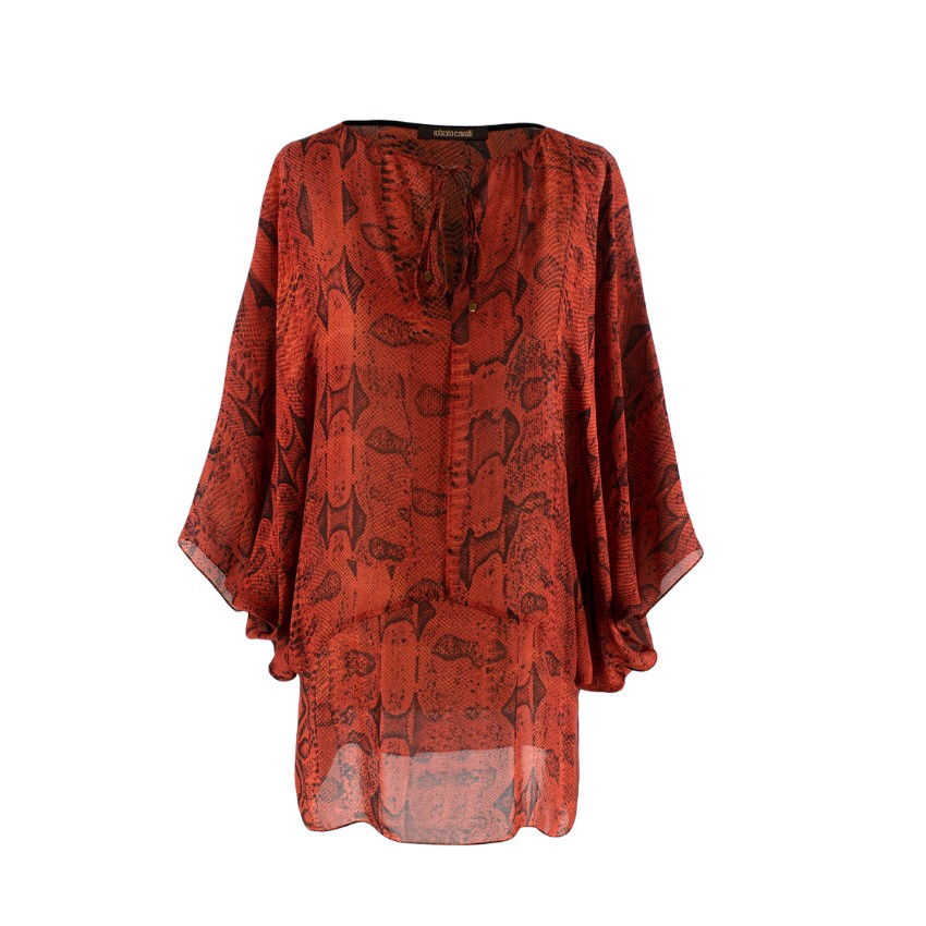 Roberto Cavalli Red Silk Snake Print Peasant Blouse Size XS