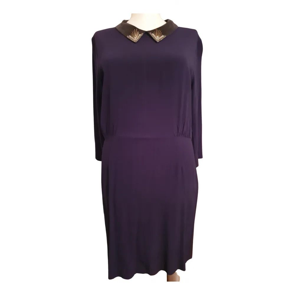 Preowned Sandro Purple crepe embellished collar dress Size L Navy viscose