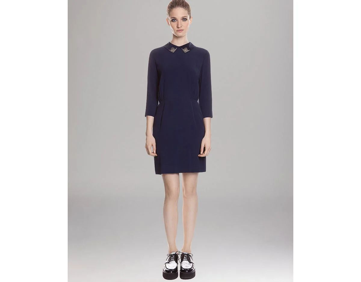 Preowned Sandro Purple crepe embellished collar dress Size L Navy viscose