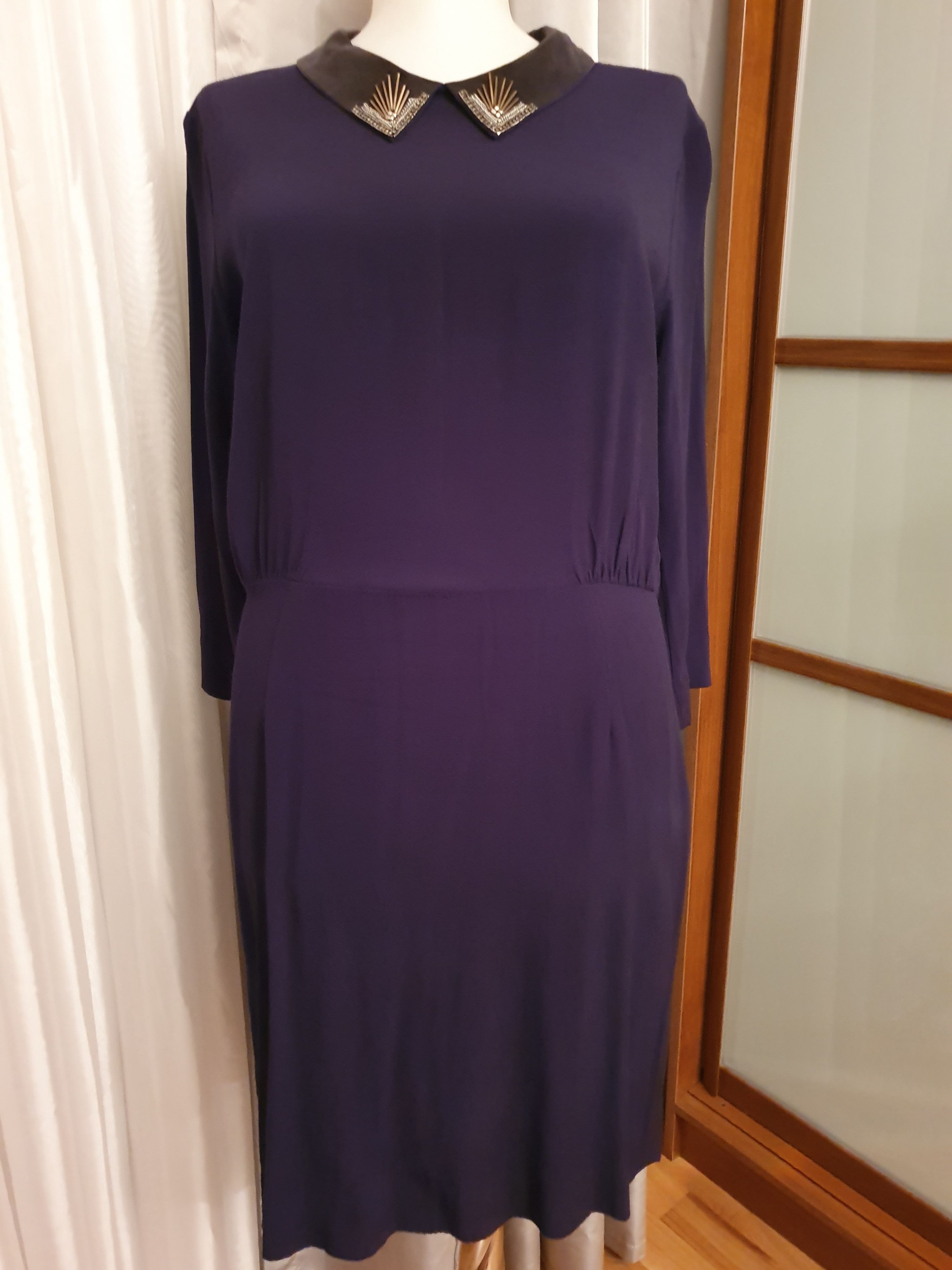 Preowned Sandro Purple crepe embellished collar dress Size L Navy viscose