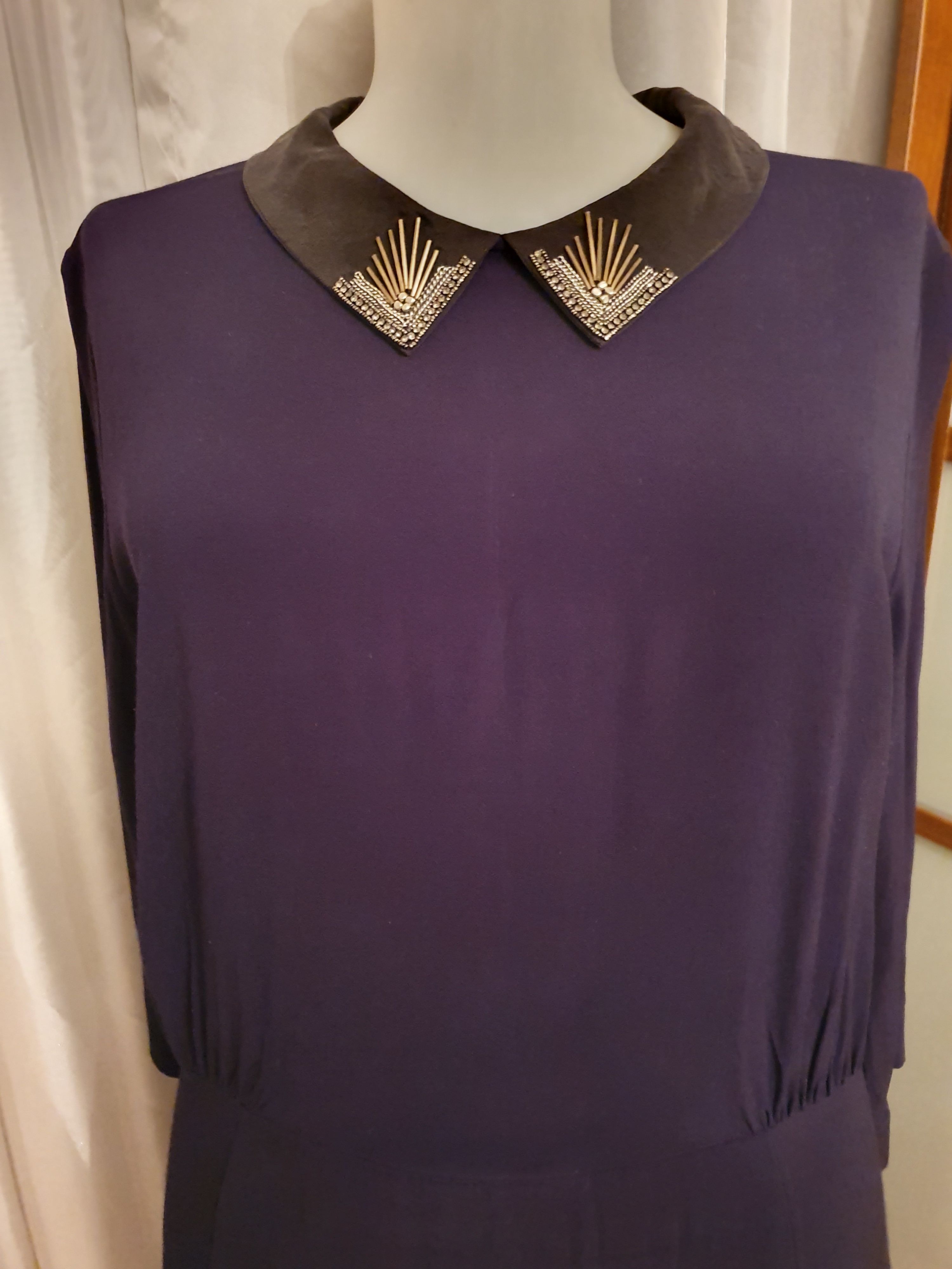 Preowned Sandro Purple crepe embellished collar dress Size L Navy viscose