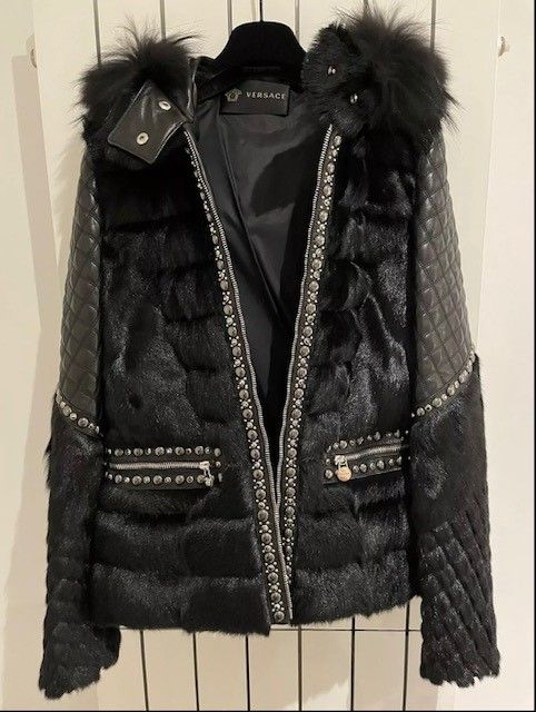 Versace Black leather  goat fur jacket Size S