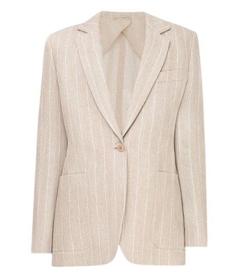 Max Mara Beige Pinstripe Marisa Single Breasted Blazer Size M linen