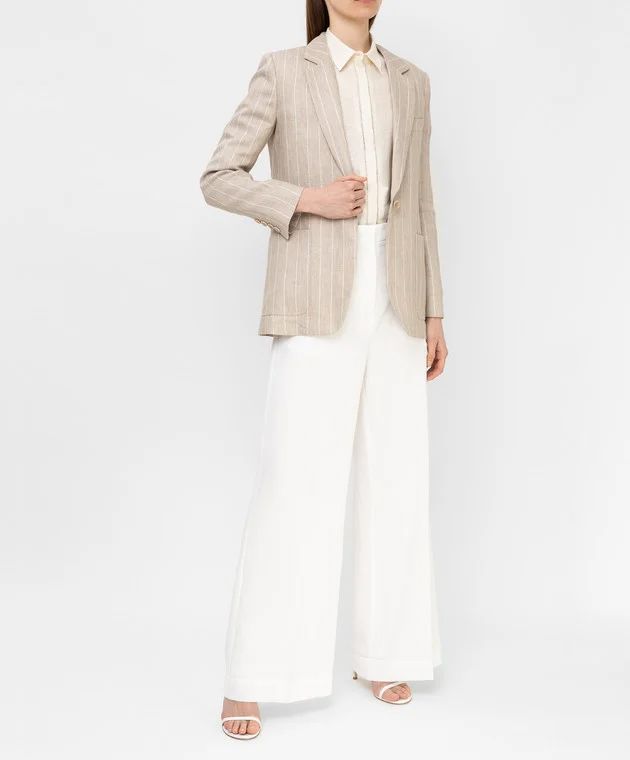 Max Mara Beige Pinstripe Marisa Single Breasted Blazer Size M linen