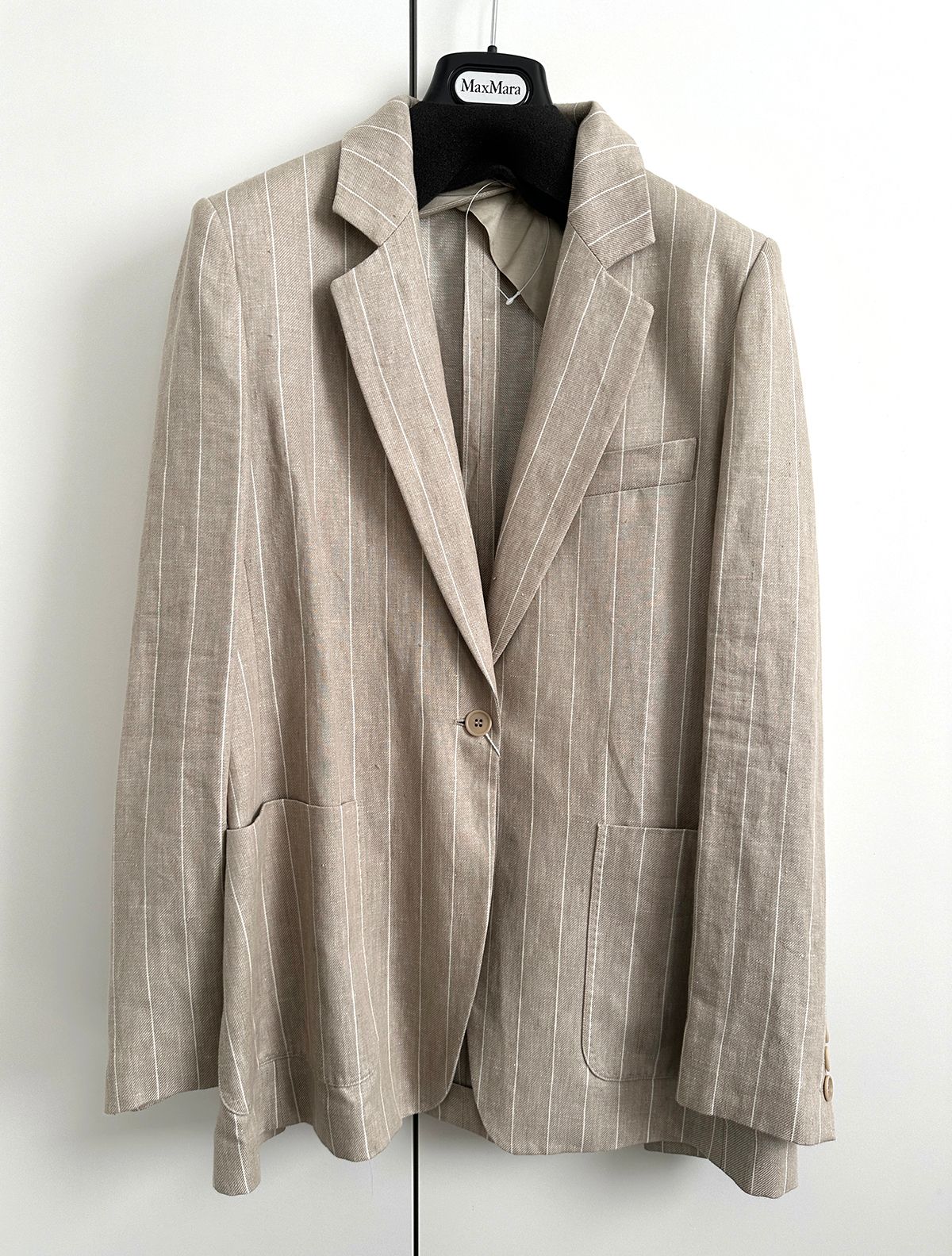 Max Mara Beige Pinstripe Marisa Single Breasted Blazer Size M linen