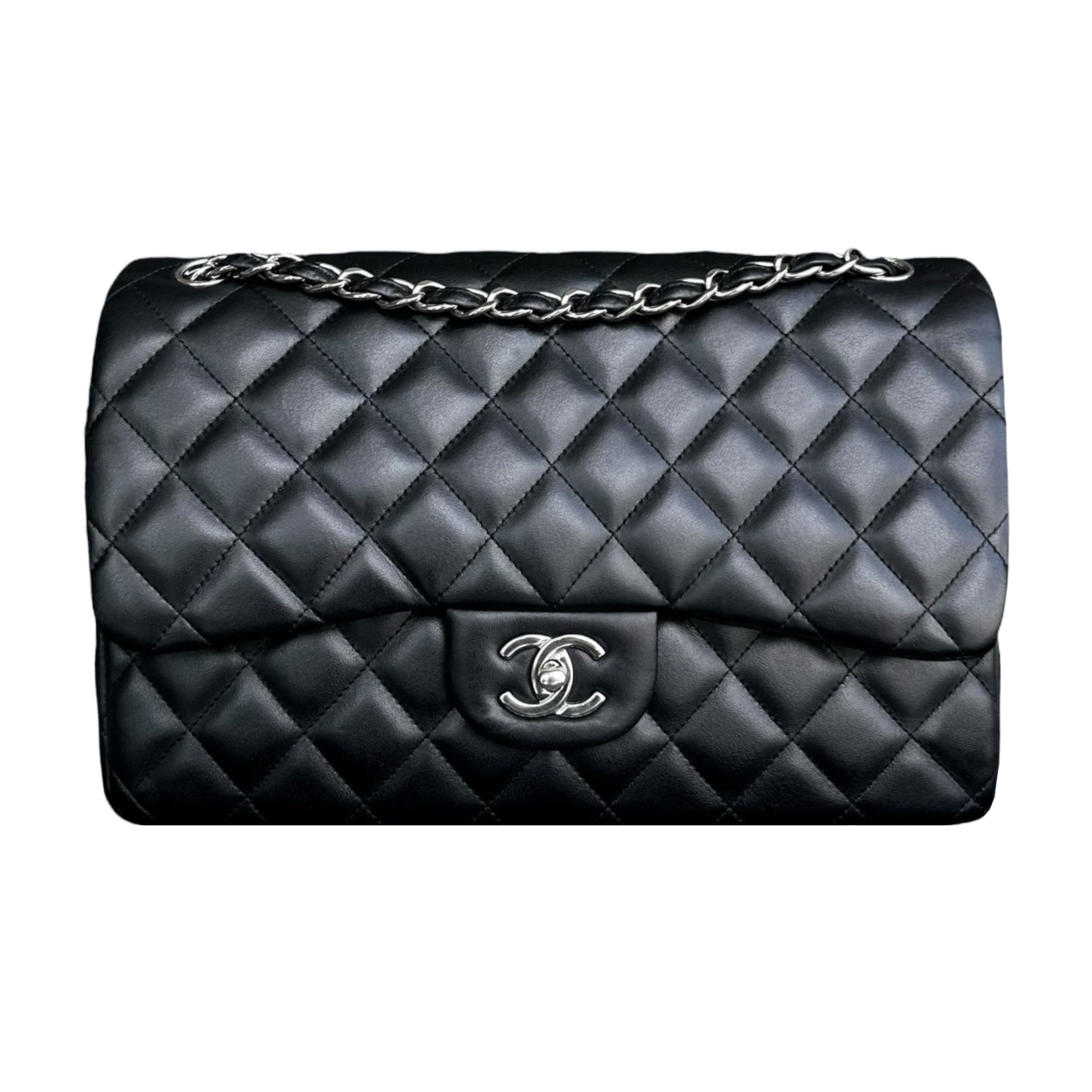 Preowned Chanel Black Lambskin Jumbo Double Flap Bag leather