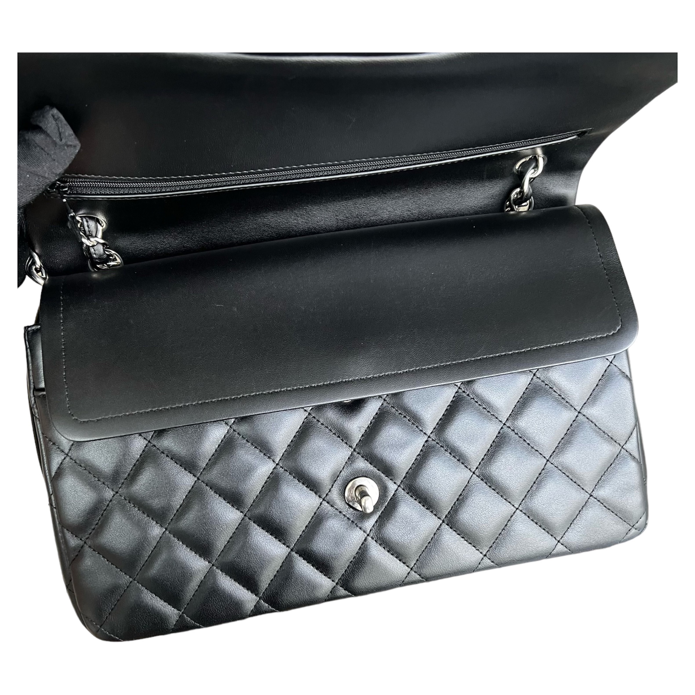 Preowned Chanel Black Lambskin Jumbo Double Flap Bag leather