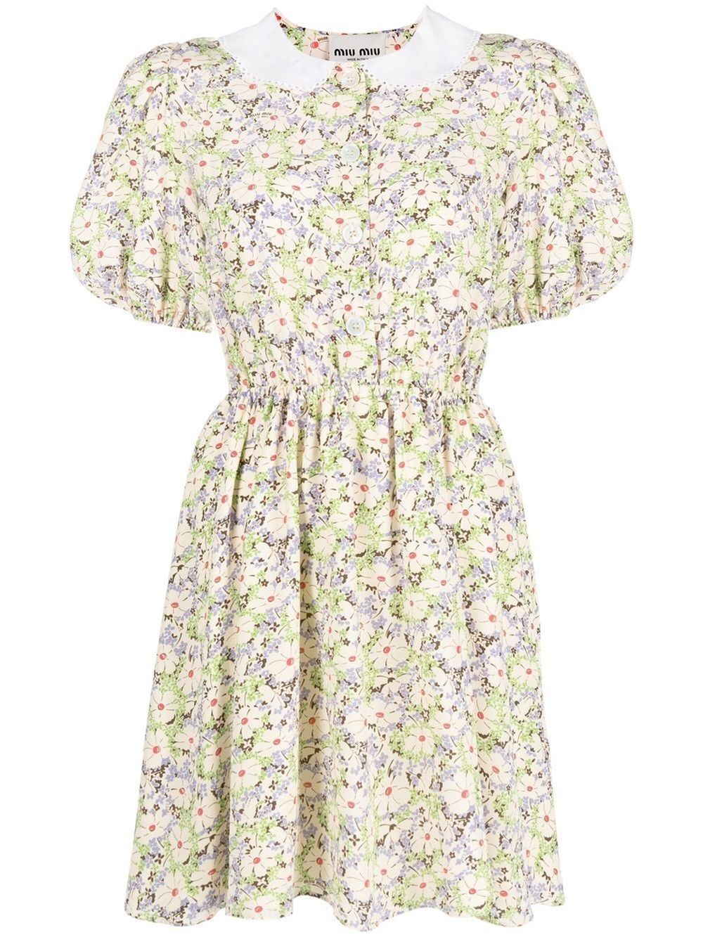 Preowned Miu Miu Yellow Floral Peter Pan Collar Mini Dress Size M Multi silk/polyester