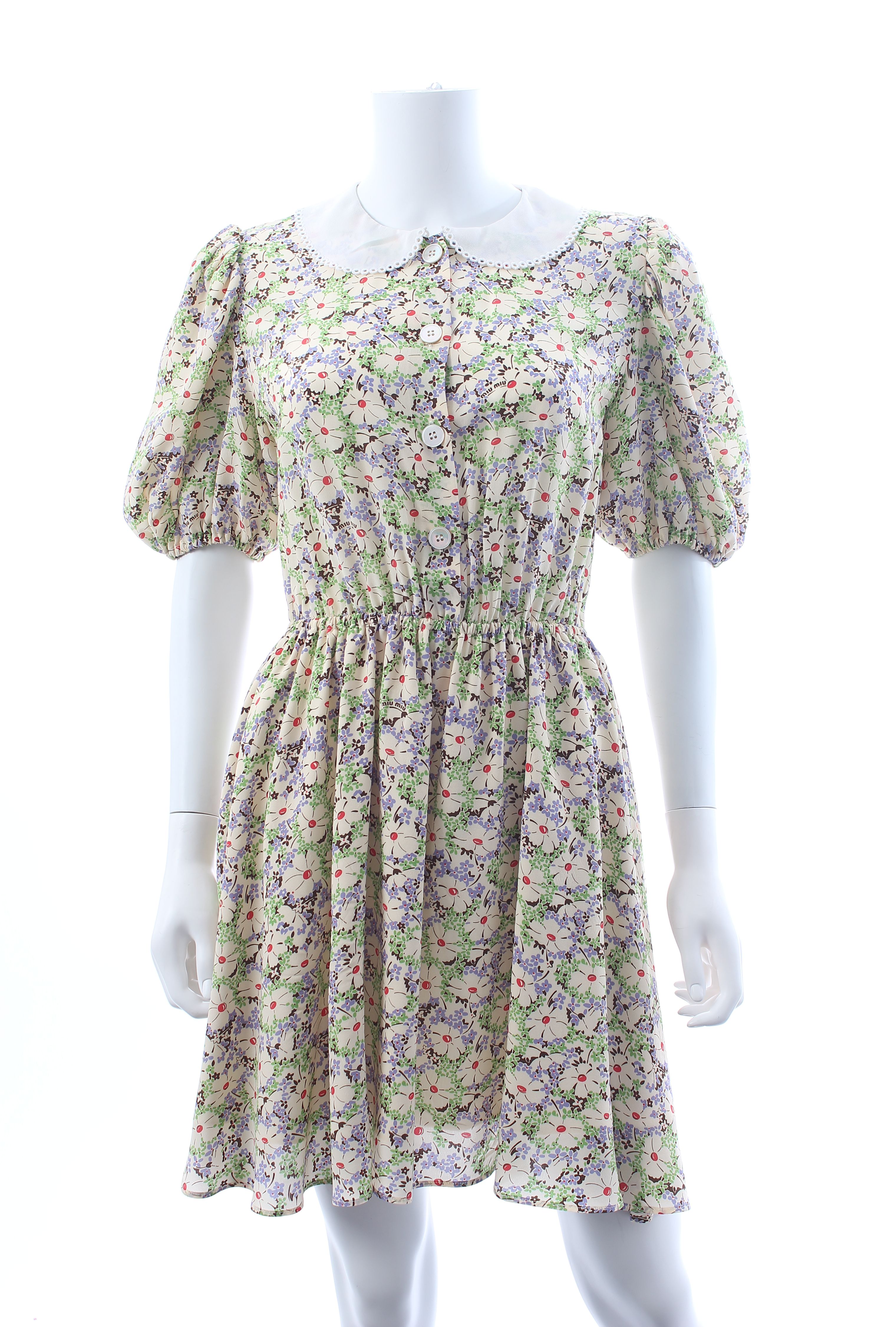 Preowned Miu Miu Yellow Floral Peter Pan Collar Mini Dress Size M Multi silk/polyester