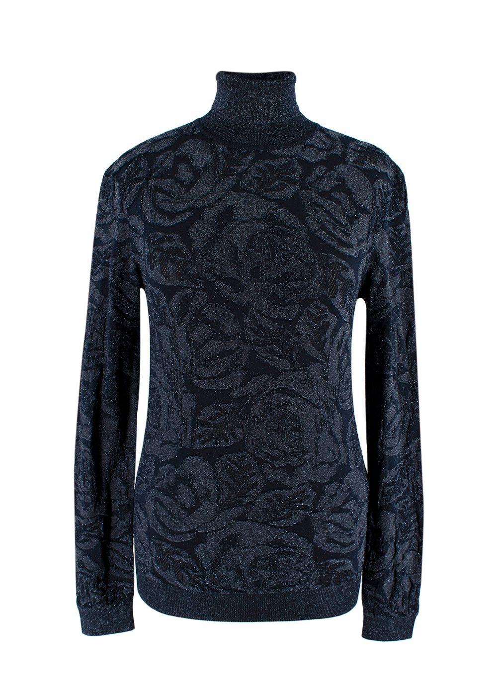 Chloe Navy Metallic Jacquard Knit Turtleneck Sweater Size XS polyester