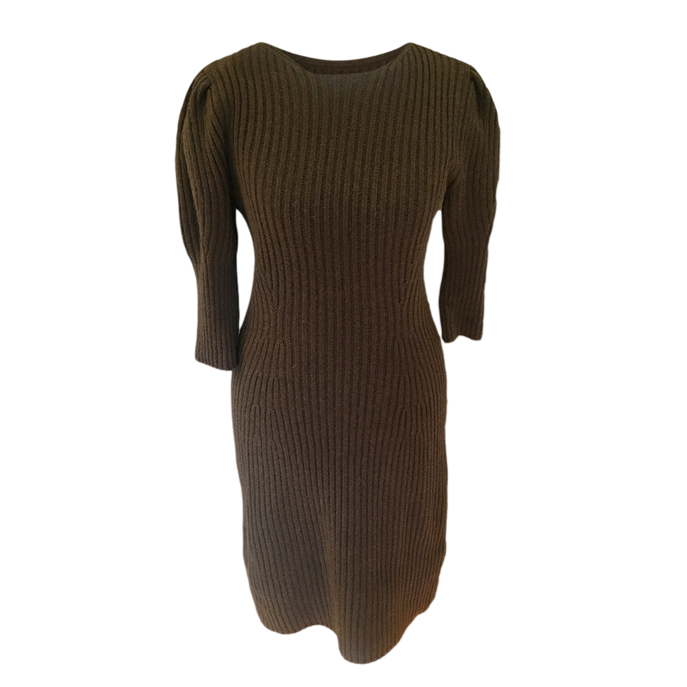 Preowned Fendi Khaki Knit Puff Sleeve Dress Size XS Green camel