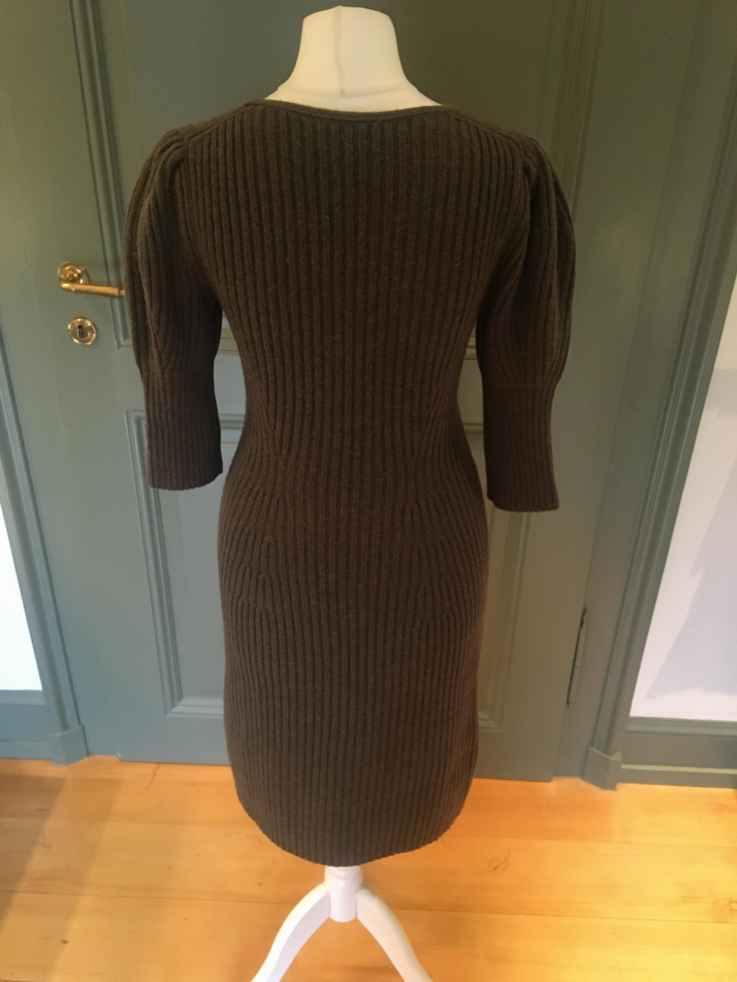 Preowned Fendi Khaki Knit Puff Sleeve Dress Size XS Green camel