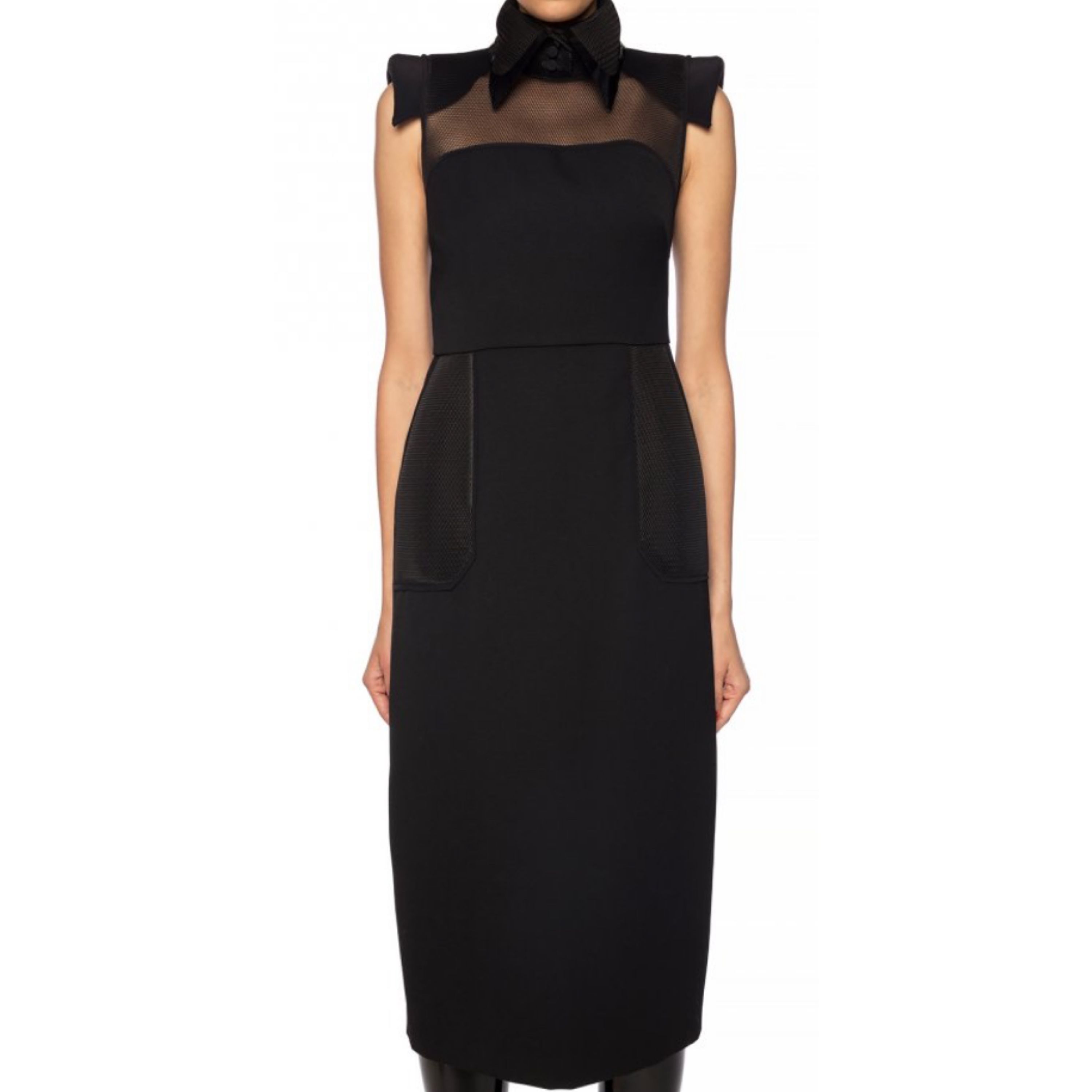 Fendi Pvc Layered Collar Mesh-panelled Wool Dress Size 38 Black wool/mesh panel/lamb leather trim