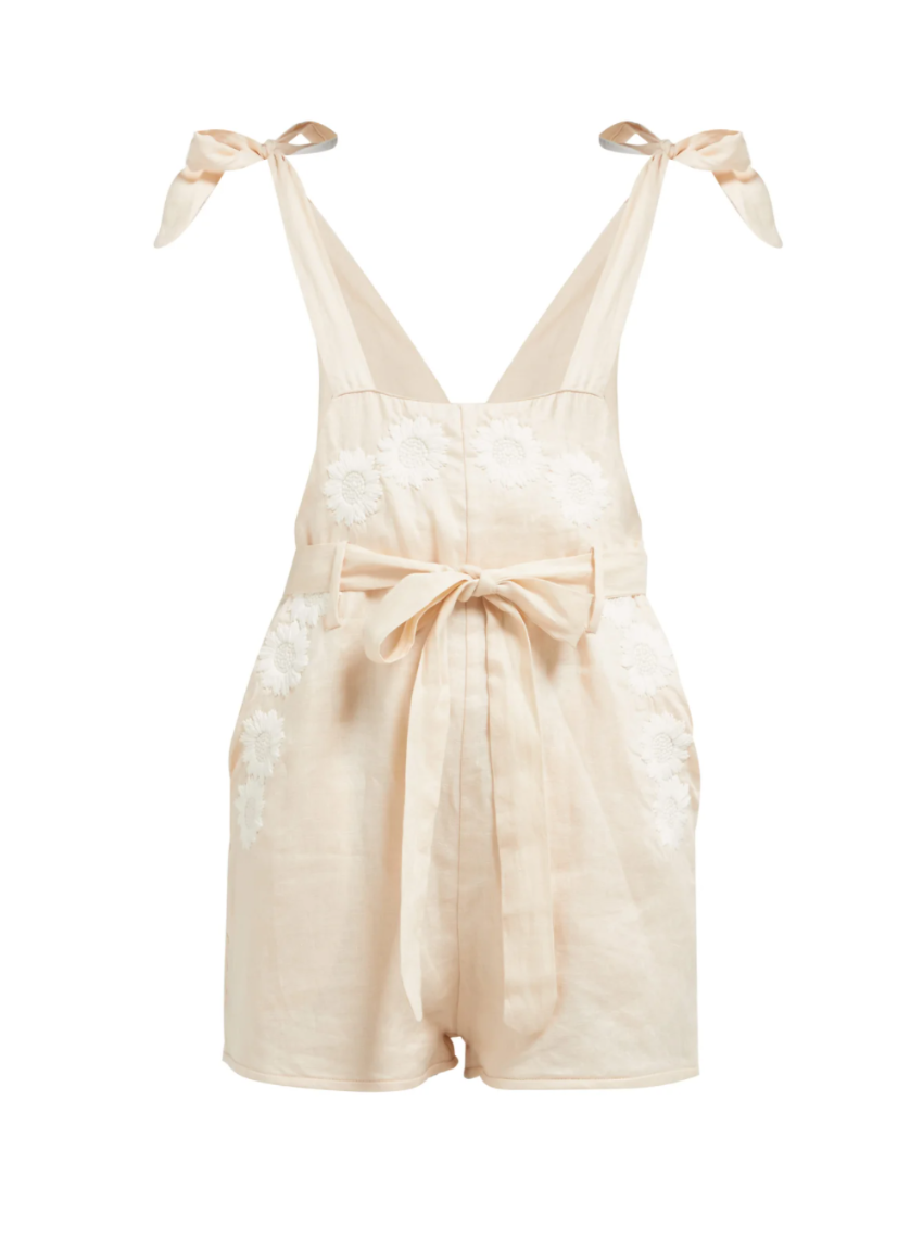 Preowned Innika Choo Beige Floral Embroidered Linen Playsuit Beige/Nude