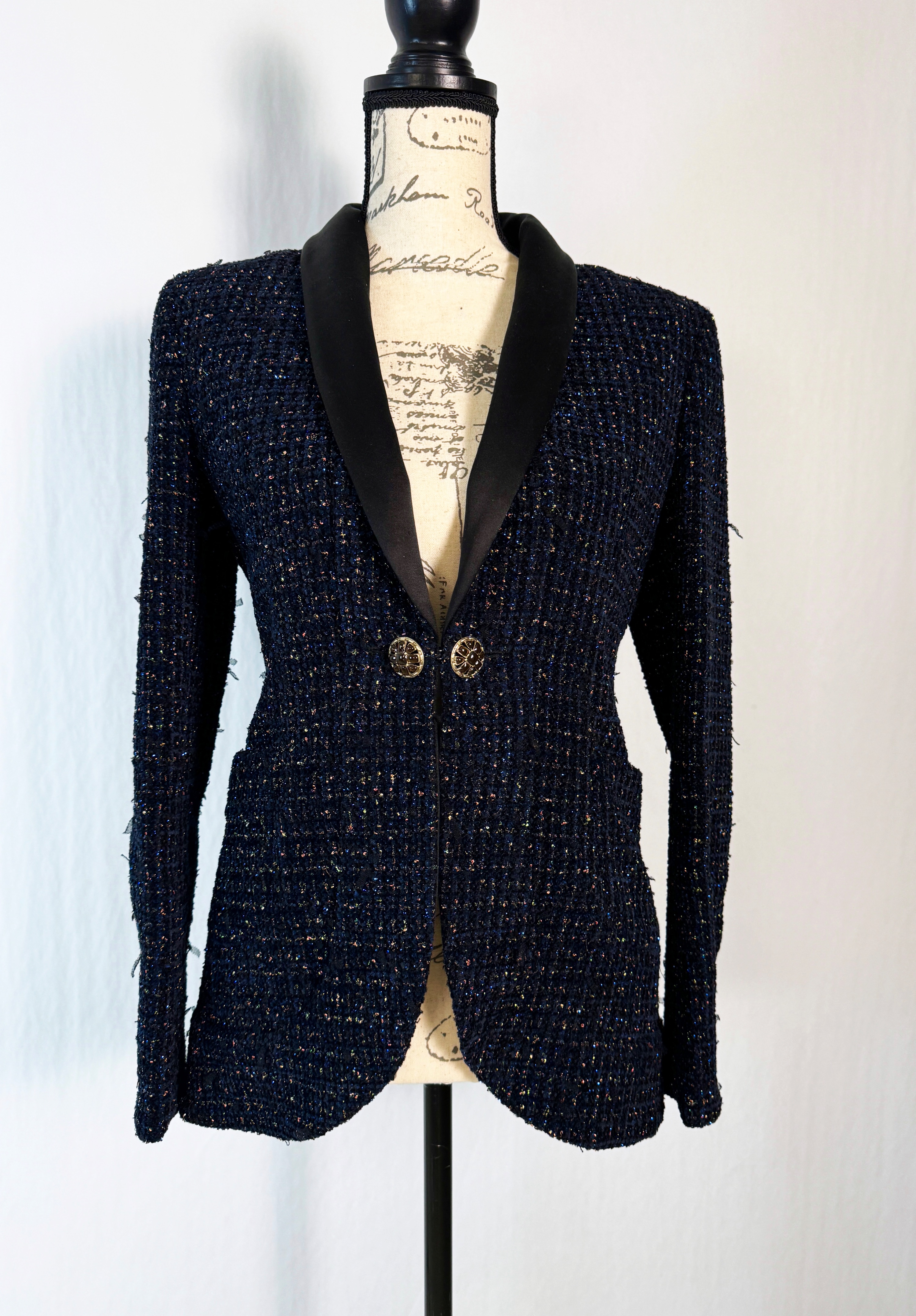 Chanel Black Metallic Tweed Jacket Size XS