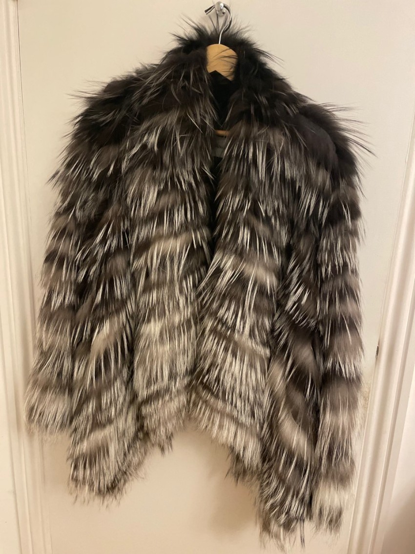 Preowned Yves Salomon Black  White Fox Fur Coat Size S Grey