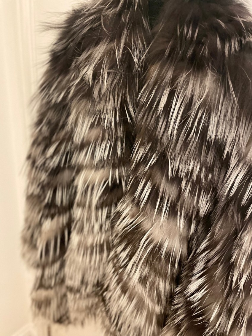 Preowned Yves Salomon Black  White Fox Fur Coat Size S Grey