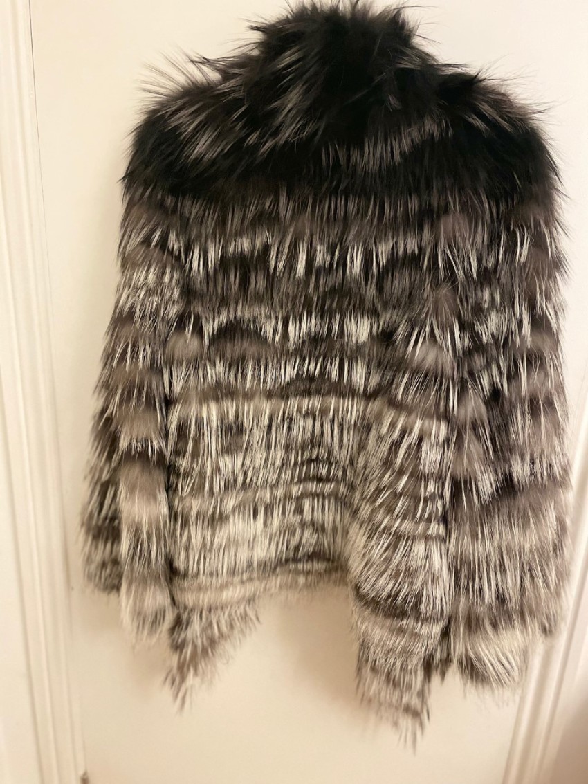 Preowned Yves Salomon Black  White Fox Fur Coat Size S Grey