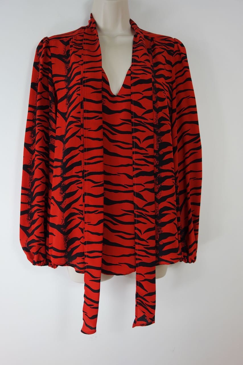 Rixo Moss Pussy-bow Tiger-print Silk-crepe Blouse Size M Red  Black silk